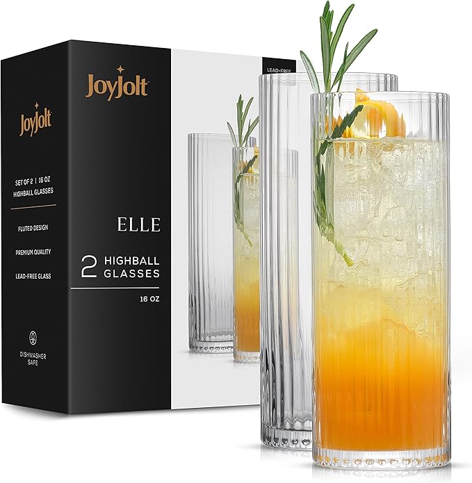 JoyJolt Elle 16oz Fluted Highball Glasses Set of 2, Ribbed Tall Cocktail Tumblers for Gin Juice Water, Vintage Style Drinking Glasses
