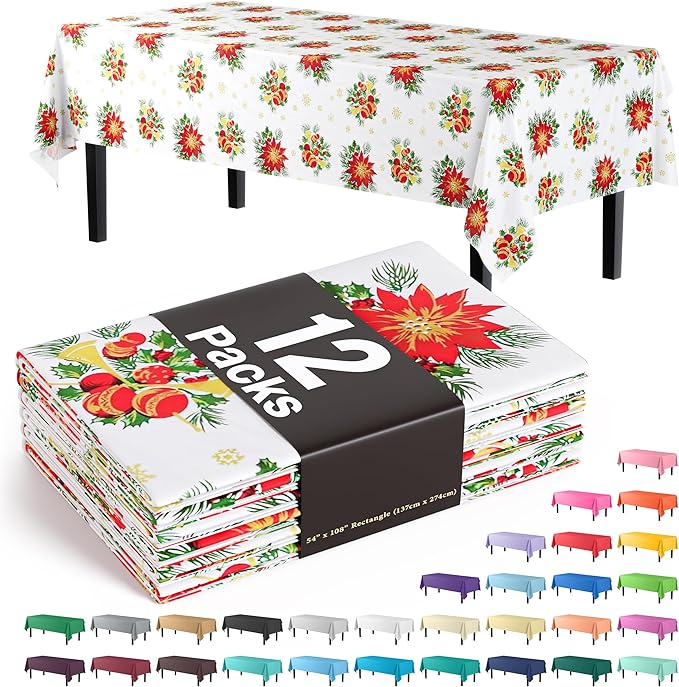 Exquisite Party Solids 12 Pack Premium Rectangle Holiday Design Plastic Tablecloth - Christmas Decorations Tablecloth Disposable Plastic Table Cover for December - 54 inch. x 108 inch.