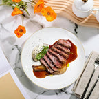 Brew To A Tea - White Porcelain Dinner Plates with Gold Rim, Set of 6, 10.5" Round, Classic Style, Solid Pattern, Durable and Easy to Clean, Not Microwave Safe