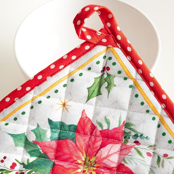 Maison d' Hermine Pot Holders Set 100% Cotton Heat Resistant Potholders 8" x 8" Hot Pads with Loop BBQ, Cooking, Baking, Grilling, Kitchen, Handling Hot Pans (Pack of 2, Poinsettia Christmas)