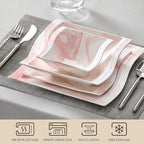 MALACASA Plates and Bowls Sets, 26 Pieces Pink Dinnerware Sets for 6, Porcelain Dinnerware Set with Dinner Plates and Bowls, Serving Platters, Square Dishware Sets, Modern Dish Set, Series Flora
