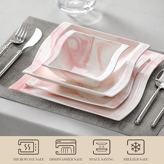 MALACASA Plates and Bowls Sets, 26 Pieces Pink Dinnerware Sets for 6, Porcelain Dinnerware Set with Dinner Plates and Bowls, Serving Platters, Square Dishware Sets, Modern Dish Set, Series Flora