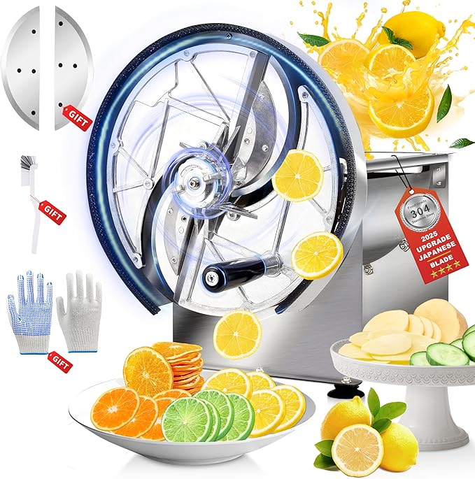 Commercial Vegetable Slicer - Manual Adjustable Thickness 0.2-13mm, Stainless Steel Lemon Slicer with 2* Extra Blades for Slicing Vegetable Tomato Onion Potato Cabbage Lime