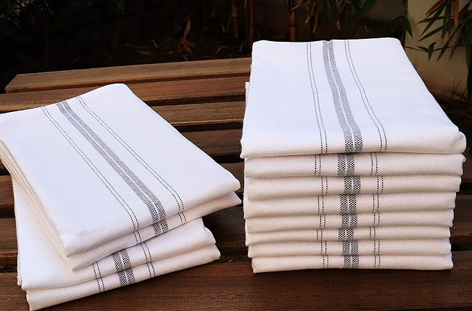 AMOUR INFINI Cotton White Kitchen Towels Set of 12 - Highly Absorbent, Soft, Quick Dry Dish Towel - Commercial, Restaurant and Bar Towels with Hanging Loop (16x28 Inch - Charcoal)
