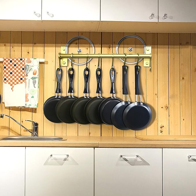 Dseap Kitchen Utensil Holder Hanger, Pot and Pan Rack Wall Mounted, Kitchen Rail with 8 Hooks for Hanging Cooking Utensils, Mugs, Spoons, Wall Mounted, Champagne Color, Pack of 2