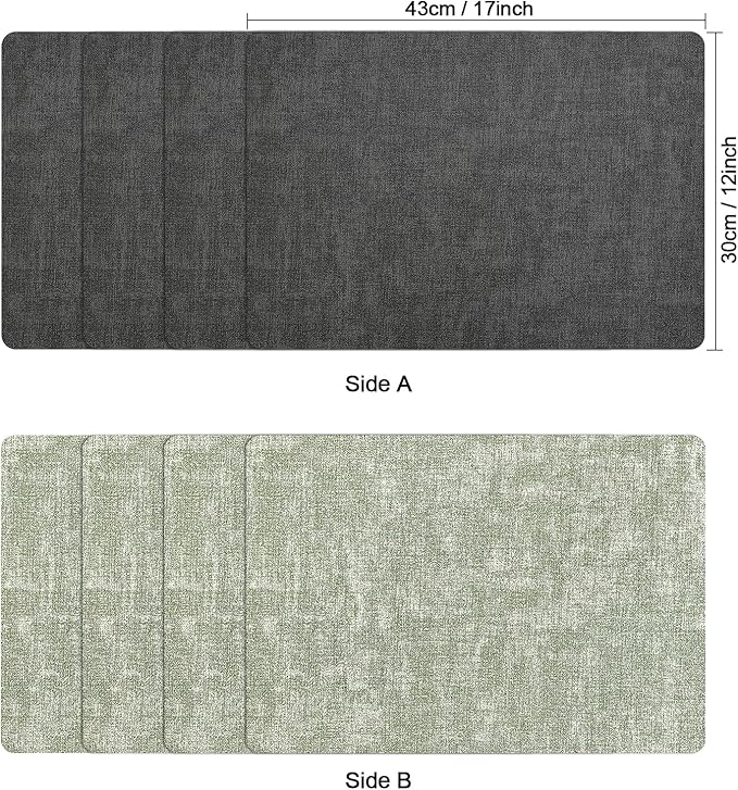 Myir JUN Placemats Dual Sided, Faux Leather Place Mats Set of 8 Indoor Placemats for Dining Table Non-Slip Washable Placemats Heat Resistant Outdoor Table Mats (Set of 8, Gray Grass Green)