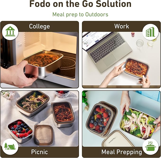 Flexibento - Stainless Steel Nesting Lunch Containers with clear Silicone Lids, Leak Proof & Dishwasher Safe|Set -20,30, 40 OZ| Bento Box | Meal prep|Metal lunch Box for adults
