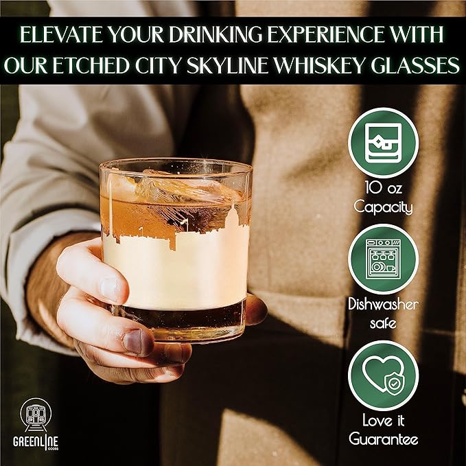 Greenline Goods Skyline Etched Washington, DC Whiskey Glasses (Set of 2) | Old Fashioned Tumbler – For Washington, DC Lovers