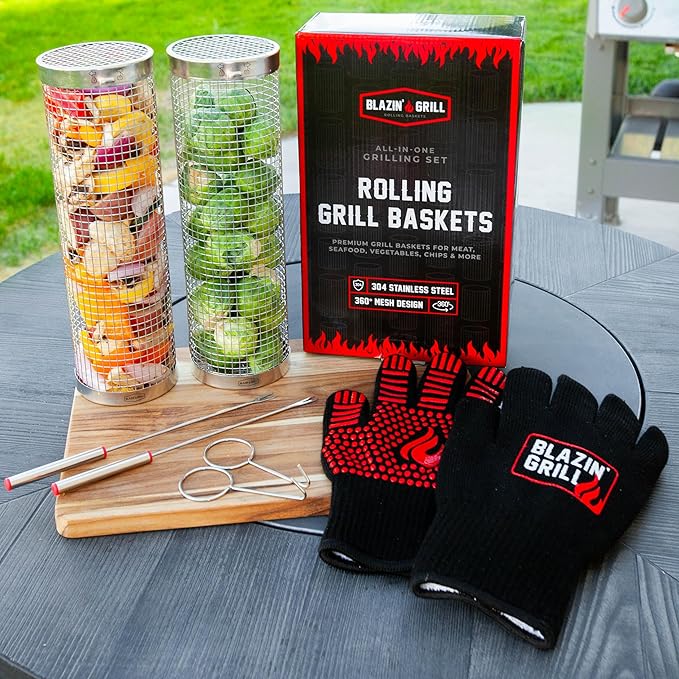 BLAZIN' GRILL Rolling Grill Basket | 2 x Grilling Basket & Smoker Accessories | Grill Baskets for Outdoor Grill with BBQ Gloves | Barbecue Grill baskets for Vegetables, Seafood & Meat