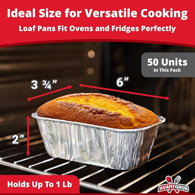 Chef-Grade Extra-Thick 6 x 3.75 in Foil Loaf Pans 50Pk. Best Disposable Bakeable 1Lb Aluminum Tin Pan for Baking Bread Small Meatloaf or Lemon Bundt Cake for Holiday Gifts, Bake Sales or Fundraisers