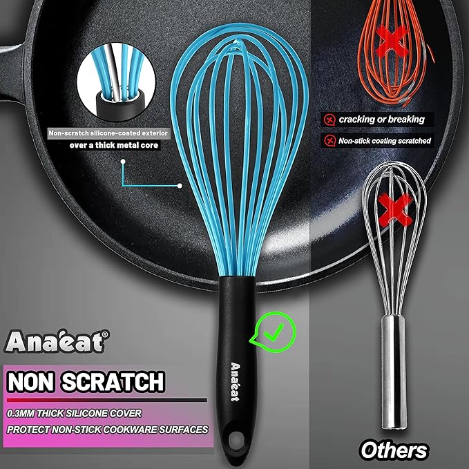 Anaeat Silicone Kitchen Whisk Set of 4, Perfect for Non-Stick Cookware, Milk and Egg Beater Blender for Whisking, Cooking, Baking, Beating - 11'' Flat Whisk and 8.5''+10.5''+12'' Balloon Whisks (Blue)