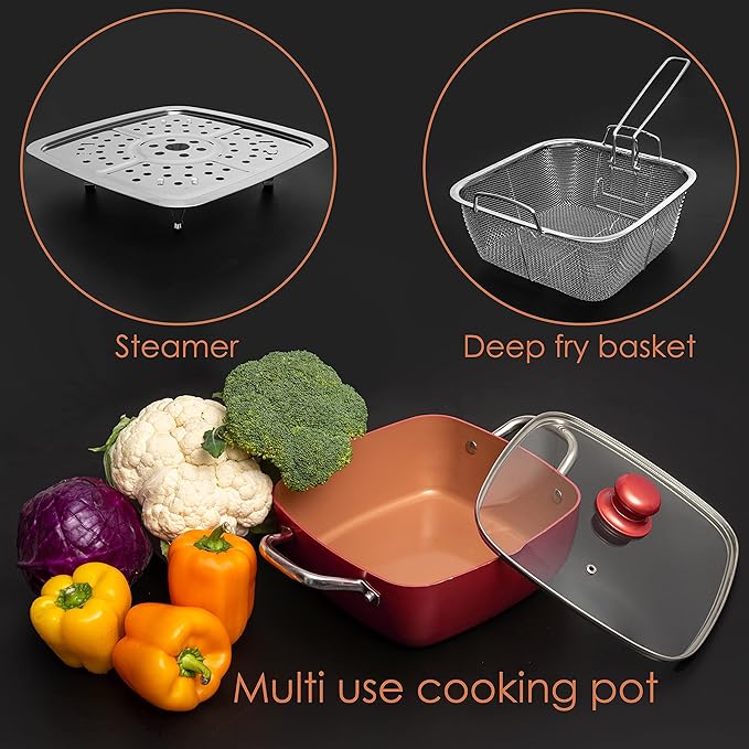 Moss & Stone 5 Pcs Red Copper Chef Cookware Non Stick Deep Frying Pan, Fry Basket, Steamer Rack, Dishwasher & Oven Safe, 5 Qt Deep Square Pan, Induction Copper Cookware Set - 9.5" x 3.5"