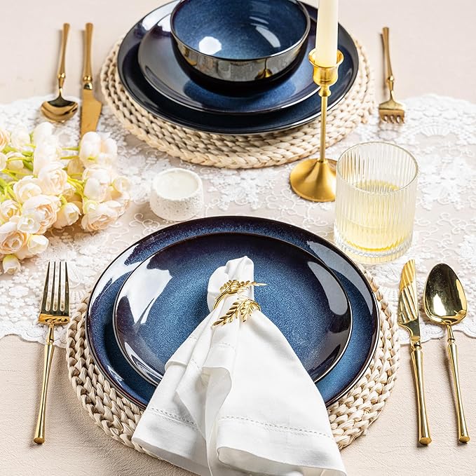 LERATIO Ceramic Dinner Plates Set of 6, 10.5 Inch Handmade Reactive Glaze Porcelain Plates, Coupe Shape Dinnerware Dishes Set for Kitchen,Oven& Microwave & Dishwasher Safe, Scratch Resistant-Blue