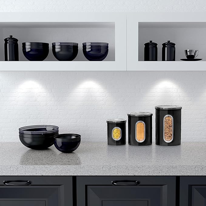 Mixpresso 3-Piece Black Canisters Sets For The Kitchen, Airtight Canister Set With See Through Window, Storage Jars for Coffee Container, Tea Organizer & Sugar Canister, Black Kitchen Canisters