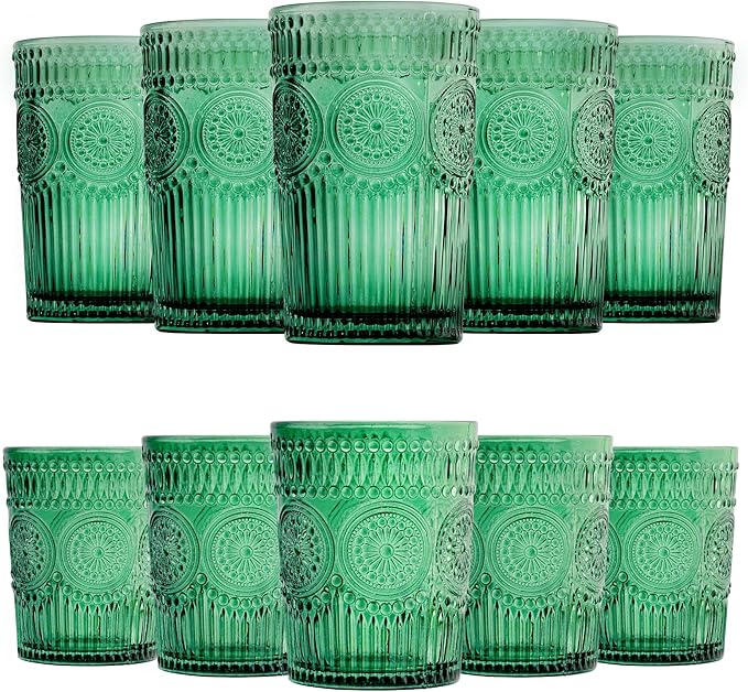 12pcs Vintage Drinking Glasses Set, 12 oz Highball Glasses & 9 oz Embossed Ribbed Glassware Cups for Cocktail, Water, Juice, Coffee, Whiskey (Atroviens)