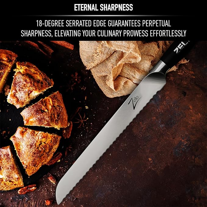 Zelite Infinity 10 Inch Serrated Bread Knife for Homemade Bread — Razor Sharp German High Carbon Stainless Steel Bread Cutting Knife for Sourdough Bread; Ergonomic Handle - Luxurious Gift Box