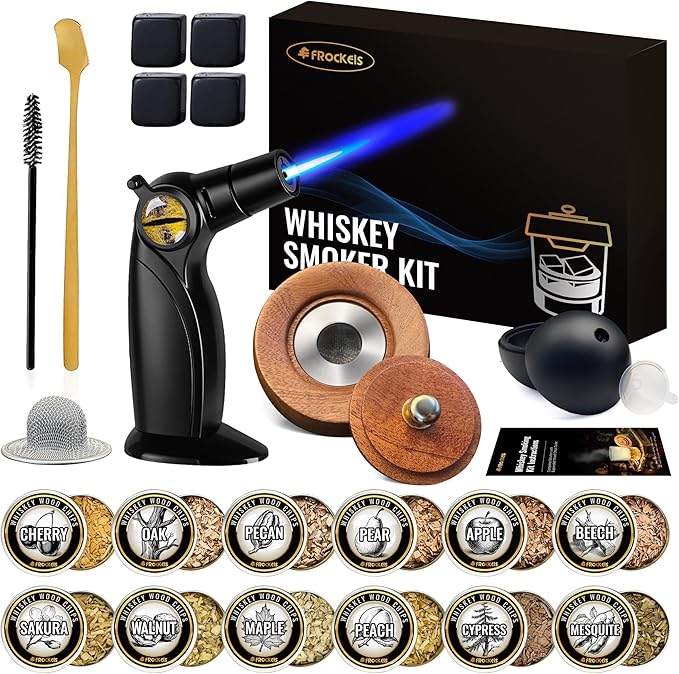 Cocktail Smoker Kit for Drinks with Torch, 22PCS Whiskey Smoker Gift Set, 12 Wood Chip Flavors, Ice Mold, Stone Cubes & Accessories for Home Bar (No Butane)