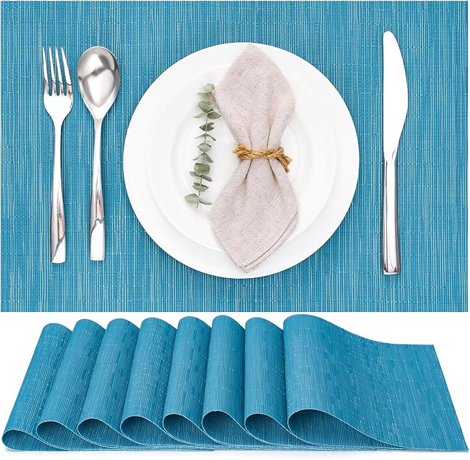 Myir JUN Placemats Set of 8, Vinyl Woven Placemats Place Mats Indoor Set of 8 Washable Table Mats Non-Slip Place mats for Dining Table (Blue, Set of 8)