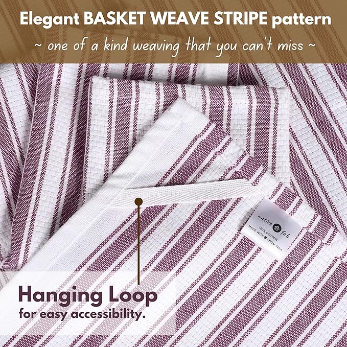 Native Fab Cotton Kitchen Towels - 16x26 inches - Set of 4 - Basket Weave Stripe Dish Towels for Cleaning, Drying Dishes, Absorbent Dish Cloths Set with Hanging Loop - Burgundy Maroon