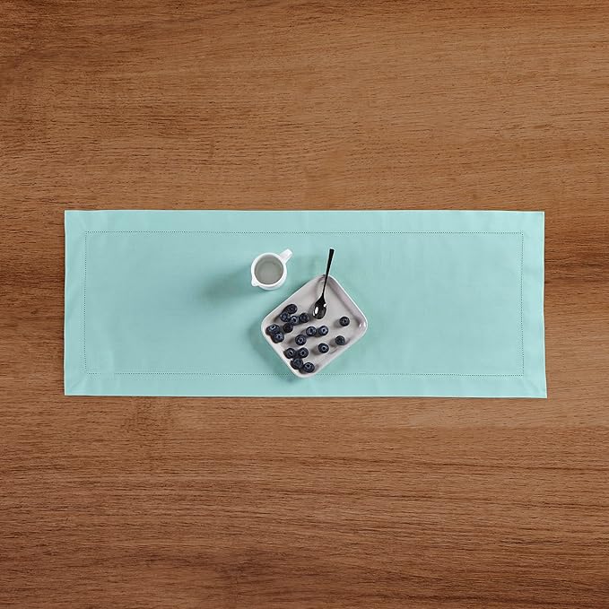 Solino Home Cotton Linen Table Runner 36 Inches - Pastel Turquoise Hemstitch Table Runner 14 x 36 Inch Ideal for Dresser and Coffee Tables - Summer