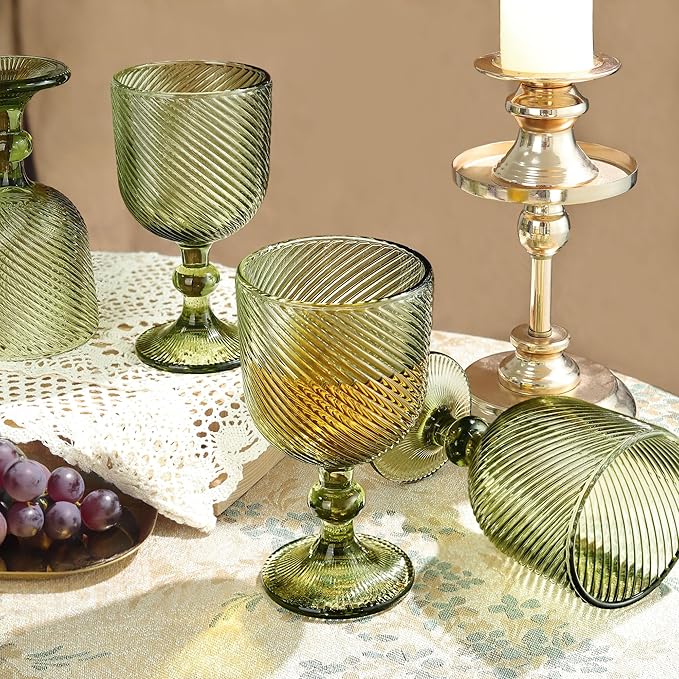 Joeyan Vintage Colored Glass Goblet,Green Ribbed Embossed Wine Glasses Water Drinking Glasses,Stemmed Wine Glassware for Christmas Party Wedding Table Decor,12 oz,Set of 4,Dishwasher Safe