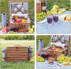 Picnic Baskets for 2, Picnic Basket with Waterproof Blanket, Picnic Basket Set with Washable Beach Mat & Large Insulated Cooler Compartment, Handmade Natural Wicker Hamper for Camping, Outdoor Party