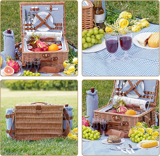 Picnic Baskets for 2, Picnic Basket with Waterproof Blanket, Picnic Basket Set with Washable Beach Mat & Large Insulated Cooler Compartment, Handmade Natural Wicker Hamper for Camping, Outdoor Party