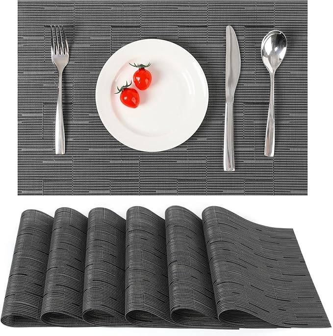 Myir JUN Placemats Set of 6, Vinyl Woven Placemats Place Mats Indoor Washable Table Mats Non-Slip Place mats for Dining Table (Black-Gray, Set of 6)