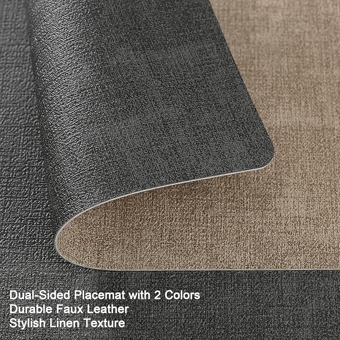 Myir JUN Placemats Dual Sided, Faux Leather Place Mats Set of 4 Indoor Placemat for Dining Table Outdoor Place Mat Manteles Individuales Square Non-Slip Washable Table Mats (Gray Beige, Set of 4)