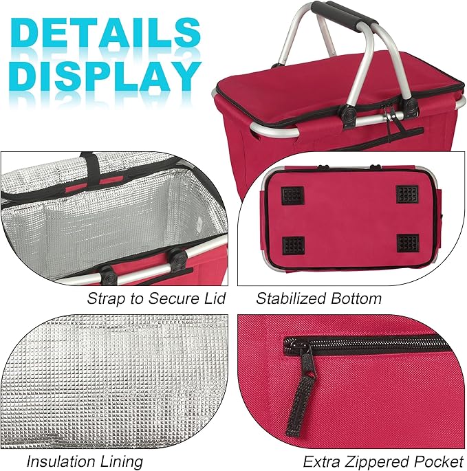 Picnic Basket, SIYUAN 27L Collapsible Insulated Farmers Market Basket for Shopping Traveling Large Grocery Tote Bag with Handles Red