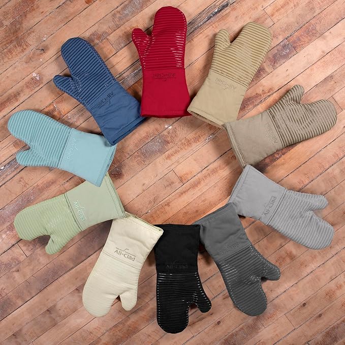 All-Clad Silicone Oven Mitts: Heat Resistant up to 500 Degrees - 100% Cotton & Silicone, 14"x7" Oven Mitt for Kitchen and Barbeque, 2-Pack, Almond