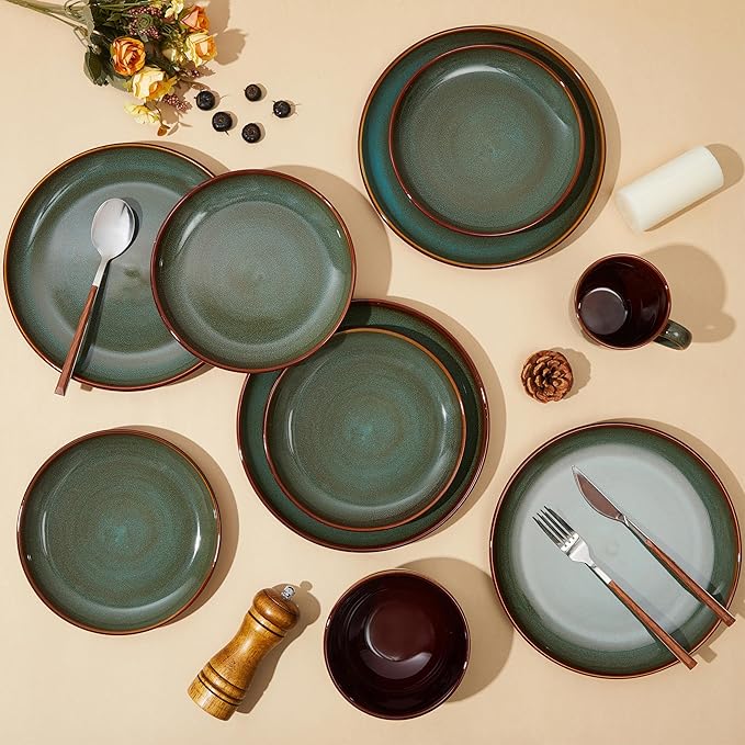 Stoneware Dinner Plates Set of 6, Ceramic Plates With Lipped Edges, Microwave/Dishwasher Safe, Modern Rustic Dinnerware, Kitchen Reactive Glaze Serving Dishes, Brown Green