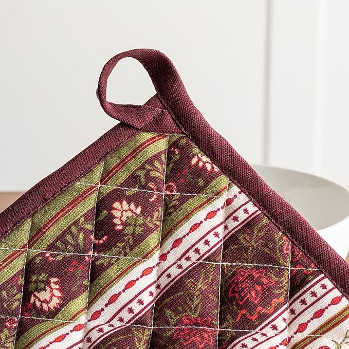 Maison d' Hermine Pot Holders Set 100% Cotton Heat Resistant Potholders 8" x 8" Hot Pads with Loop BBQ, Cooking, Baking, Grilling, Kitchen, Handling Hot Pans (Pack of 2, Reveillon Au Jardin)