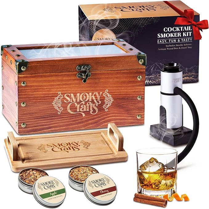 Old Fashioned Smoker Kit - Whiskey Smoker Kit with Smoking Gun, Cocktail Smoke Box, Food Tray and Wood Chips (Apple & Cherry) - Bourbon Gifts for Men
