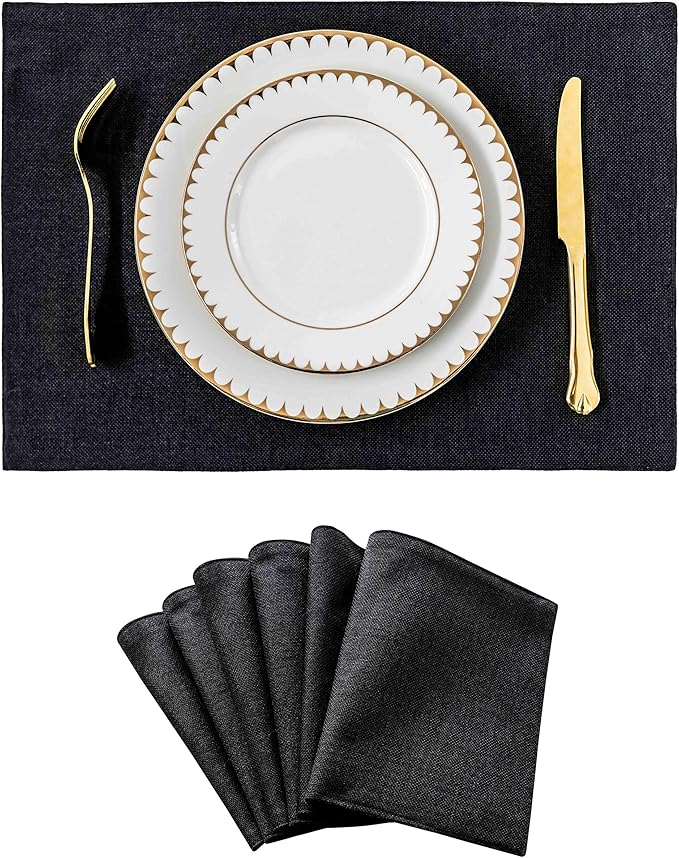 Home Brilliant Black Placemats Set of 6 Heat Resistant Dining Table Fall Halloween Place Mats Kitchen Cloth Table Mats, Black