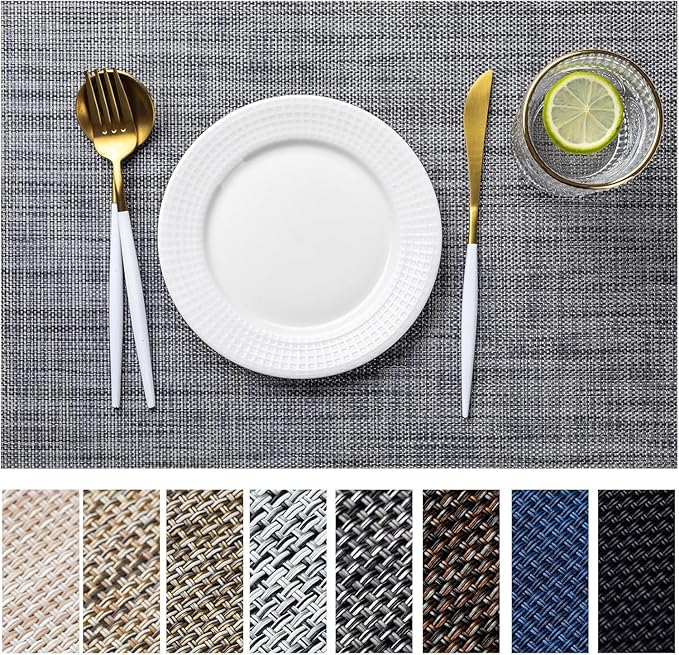 LEXMORE PVC Woven Placemats 12 PCS Wipeable Indoor/Outdoor Table Mats Washable Vinyl Place Mats for Dining Table, Set of 12-Dark Gray
