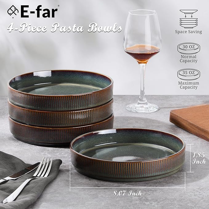 E-far Pasta Bowls Set of 4, 35oz Large Salad Bowl Plate for Dinner Serving, Wide & Shallow Ceramic Stoneware Pasta Plates, Microwave & Dishwasher Safe, Reactive Glaze Textured Stripes, Blackish Green