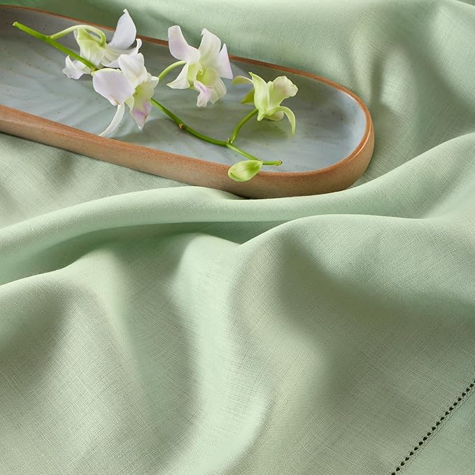 Solino Home Linen Light Green Hemstitch Table Runner 48 Inches - 100% Pure Linen Small Table Runner 14 x 48 Inch Ideal for Dresser and Coffee Tables - Classic Hemstitch, Summer