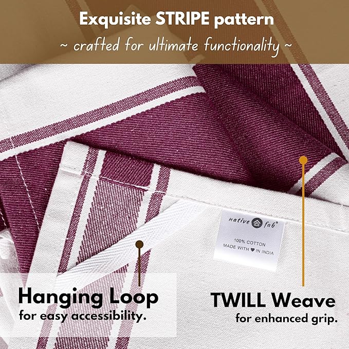Native Fab Kitchen Towels 18 x 28 Inch, Set of 6, Wide Stripe, Super Absorbent, Quick Dry, Soft, 100% Cotton Dish Towels for Wiping Hands, Drying Dishes, Cleaning Dishcloths Set - Burgundy (Maroon)