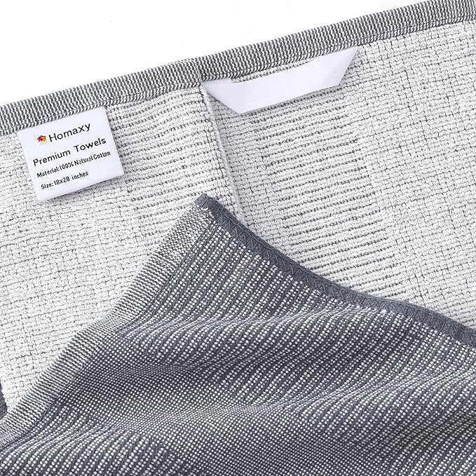 Homaxy Premium Kitchen Towels(18”x 28”, 6 Pack), Large Cotton Kitchen Hand Towels, Flat and Terry Dish Towels, 380 GSM Highly Absorbent Tea Towel Set with Hanging Loop, Grey