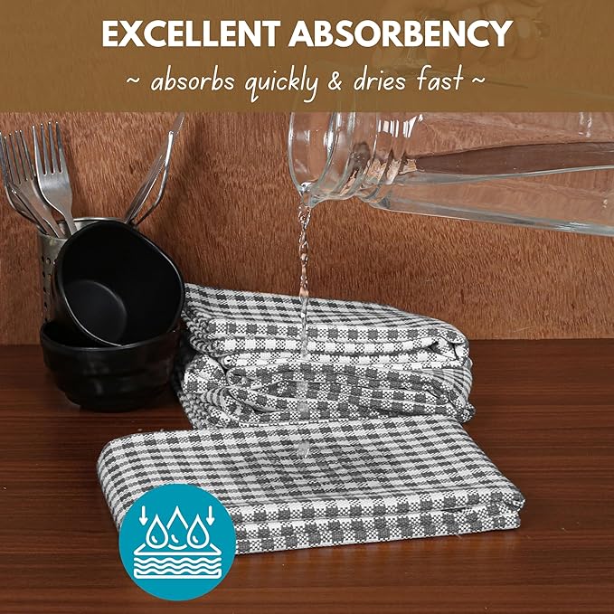 Native Fab 4 Pack Gingham Plaid Kitchen Towels 16"x26" - 100% Cotton Absorbent Washable Tea Towels, Kitchen Cloths, Restaurant Grade Dish Towel with Hanging Loop, Grey White