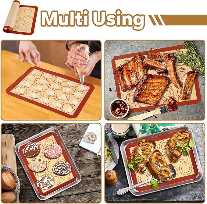 P&P CHEF 9.7 Inch Silicone Baking Mats, 2 Pcs Reusable Silicone Oven Mat, Non Stick Baking Supplies for Macaroon Pastry Bread Dough Cookie, Fits Well with Sheet Pan, Healthy & Easy Clean