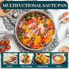 DELUXE 12 Inch Stainless Steel Skillet Frying Pan, Large Pan with Lid and Stay-Cool Handle, 5qt Deep Sauté Pans for Deep-Fry Braise Stew, Multipurpose Cooking Pot for Induction Gas Stove