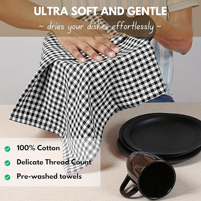 Native Fab 6 Pack Gingham Mini Check Kitchen Hand Towels Set - 100% Cotton Absorbent Reusable Dishcloths 16"x26" - Quick Drying Dish Towels with Hanging Loops for Kitchen, Black White