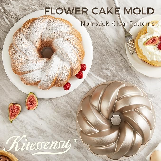 KITESSENSU Nonstick Braided Rope Cake Pan – 9.45” Fluted Tube Pan for Baking Pound Cake, Cast Aluminum Moldes para Pasteles, Cake Pans for Baking, Easy Release, High-Heat Resistant, Easy to Clean
