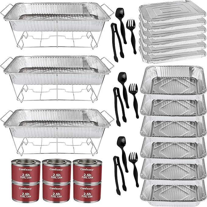 Disposable Chafing Dish Buffet Set, 33 Piece of Chafing Servers with Food Warmers, Covers, Half-Size Food Pans, Water Trays, Serving Utensils, Foil Lids and 4Hr Fuel Cans for Parties, Catering