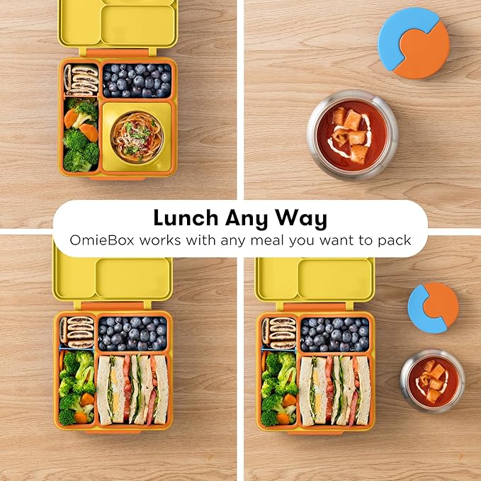 OmieBox Bento Box for Kids - Insulated Bento Lunch Box with Leak Proof Vacuum Insulated Food Jar - 3 Compartments, Two Temperature Zones (Sunshine)