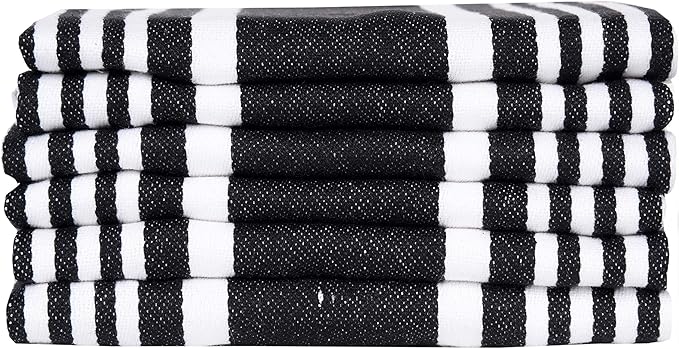 Urban Villa Kitchen Towels 100% Cotton Pack of 6, Highly Absorbent Quick Drying Super Soft Premium Dish Towels for Kitchen with Hanging Loop Hand & Tea Towels - 20x30 Inch, (Black & White, Striped)