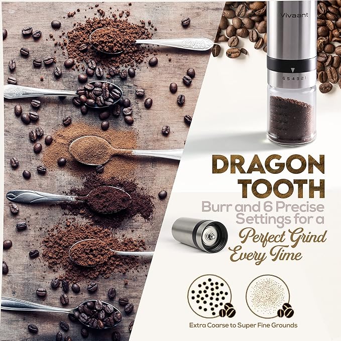 Manual Coffee Grinder, Hand Coffee Grinder with Adjustable Dragon Tooth Stainless Steel Conical Burr, No-Power, Manual Coffee Grinder for Drip Coffee, Espresso, French Press, and More!