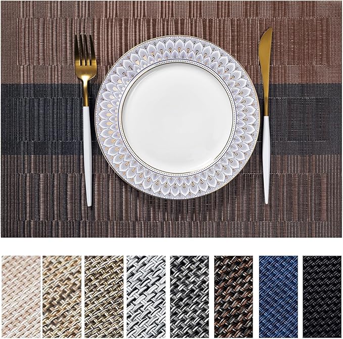 LEXMORE PlaceMats Set of 12 Vinyl/Plastic Woven Place Mats for Kitchen Table Indoor/Outdoor Washable PlaceMat Wipeable Dining Table Mats(Ombre Brown Black)